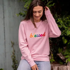 Embroidered Blessed Slogan Sweatshirt in  Baby Pink