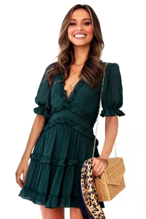 Emerald Elegance Ruffled V-Neck Swing Dress - Puff Sleeve & Back Cut-Out Detail