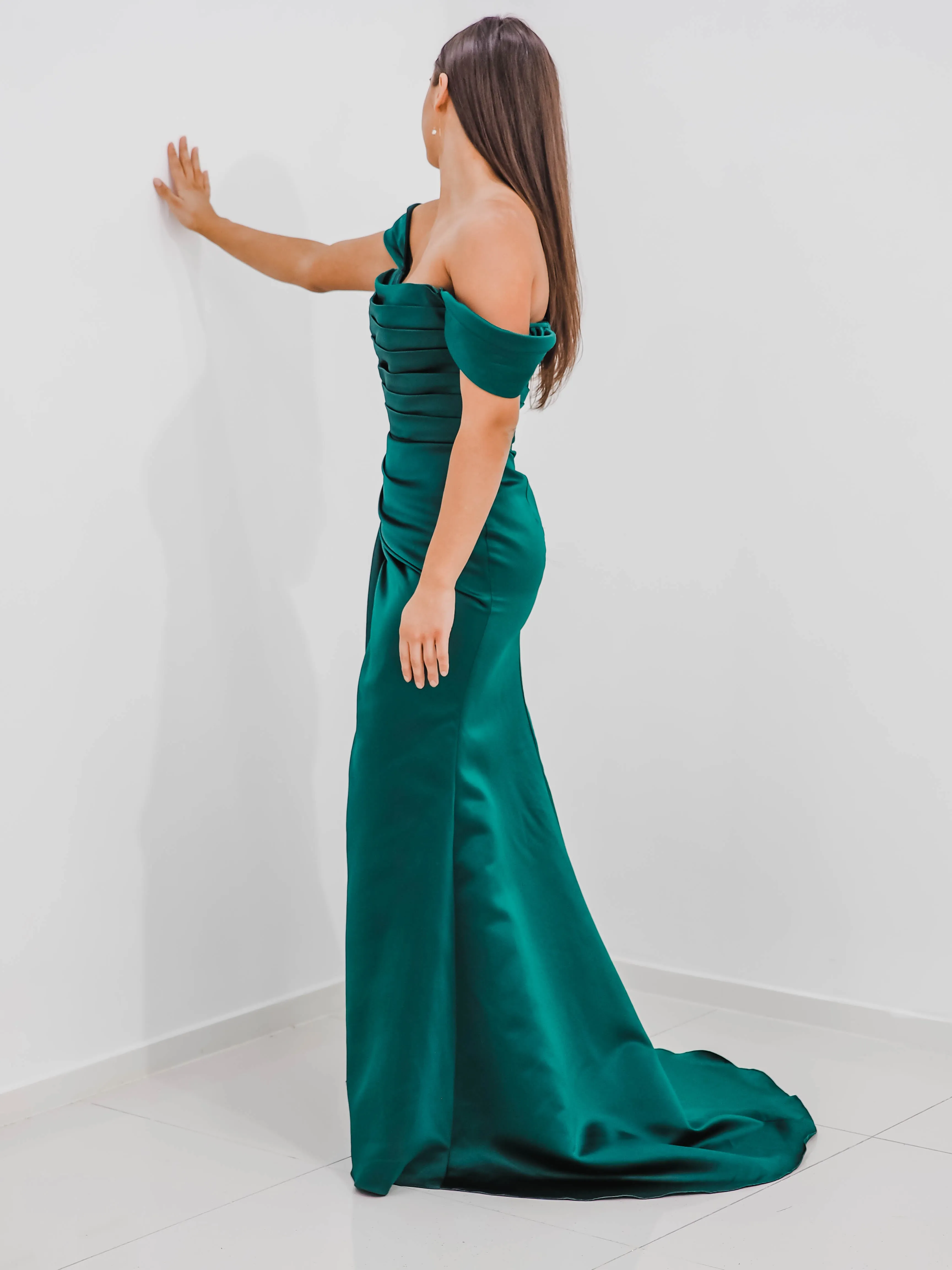 Emerald green Satin column dress with off the shoulder sleeves and high slit