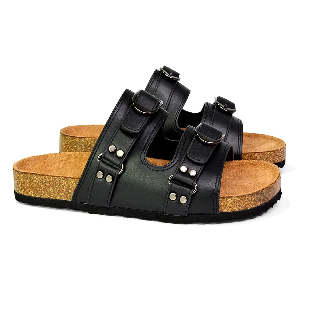 Evan Strappy Slip On Mule Summer Holiday Buckle Flat Sandals Sliders in Black