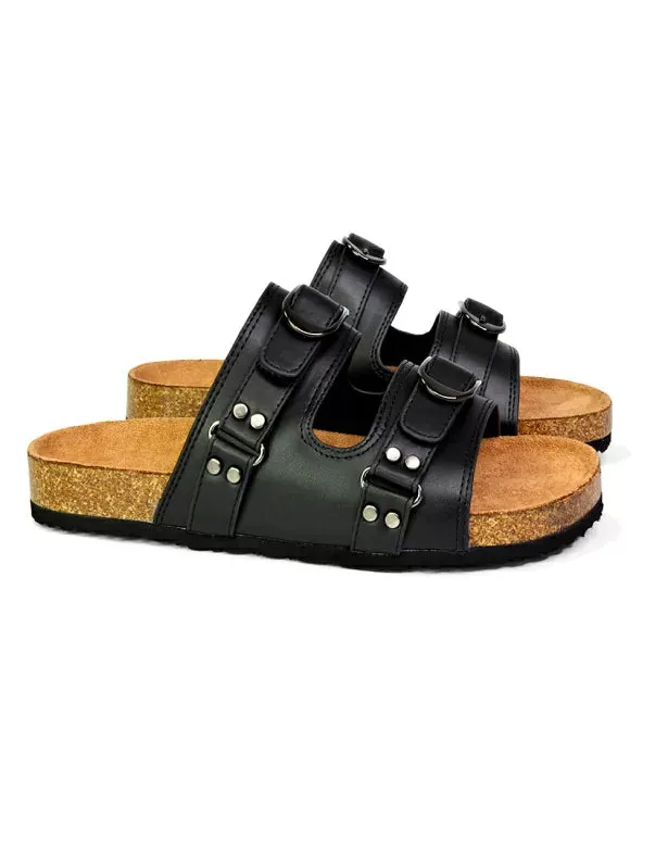 Evan Strappy Slip On Mule Summer Holiday Buckle Flat Sandals Sliders in Black