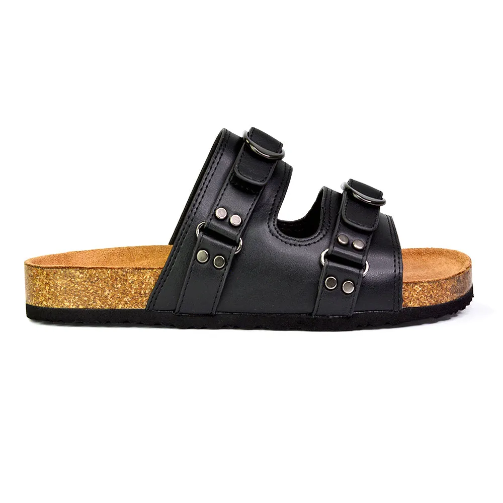 Evan Strappy Slip On Mule Summer Holiday Buckle Flat Sandals Sliders in Black