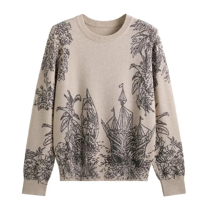 Fall Winter Women Casual Style Pattern Printing Pullover Sweater Classic Crew Neck Knit Tops C-069