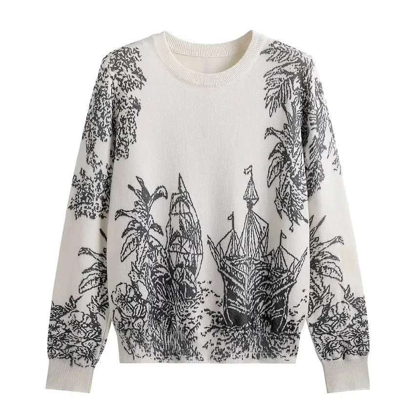 Fall Winter Women Casual Style Pattern Printing Pullover Sweater Classic Crew Neck Knit Tops C-069