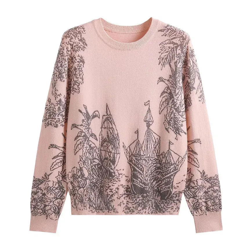 Fall Winter Women Casual Style Pattern Printing Pullover Sweater Classic Crew Neck Knit Tops C-069