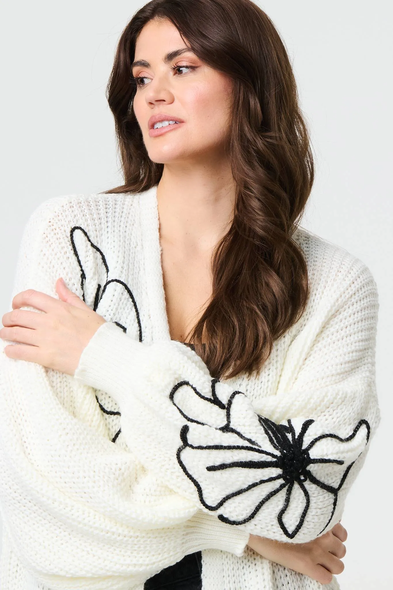 Floral Embroidered Longline Open Cardigan