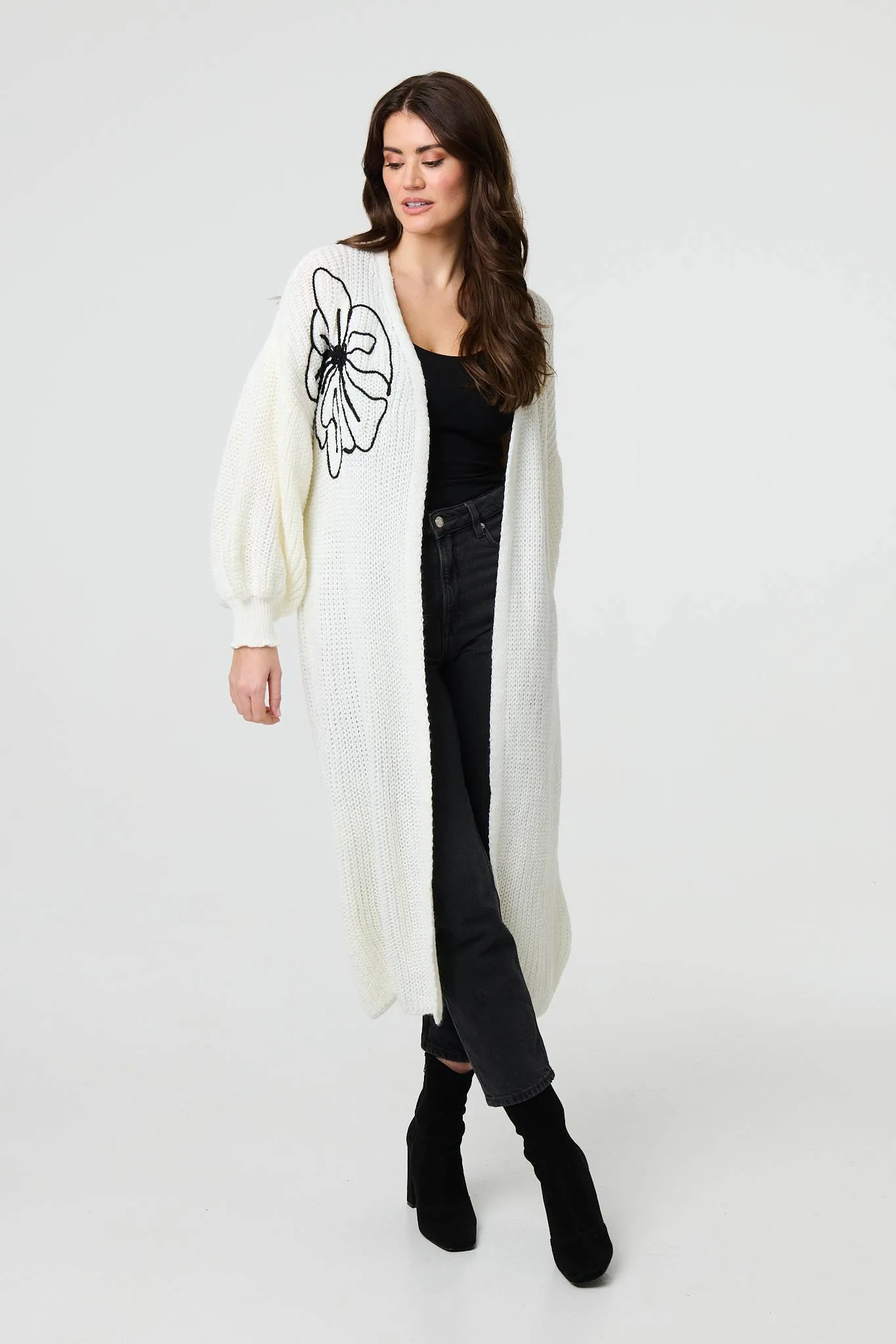 Floral Embroidered Longline Open Cardigan