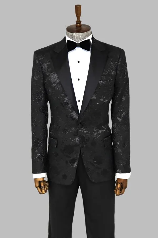 Floral Patterned Black Men Tuxedo Blazer - Wessi