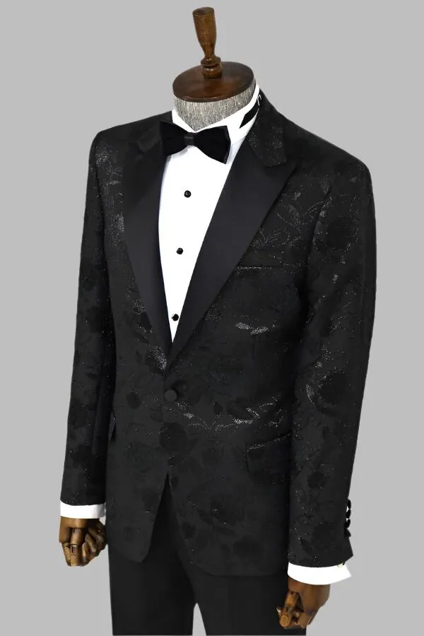 Floral Patterned Black Men Tuxedo Blazer - Wessi