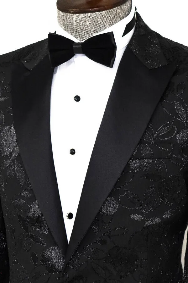 Floral Patterned Black Men Tuxedo Blazer - Wessi