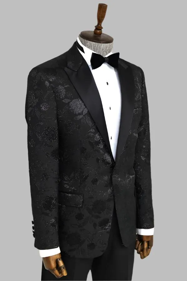 Floral Patterned Black Men Tuxedo Blazer - Wessi