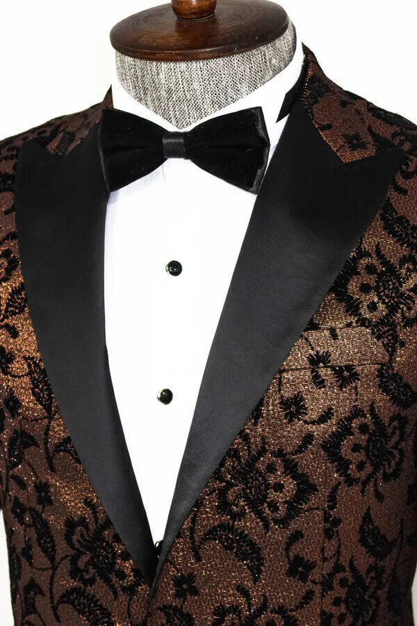 Floral Patterned Peak Lapel Gold Men Singer Party Blazer - Wessi