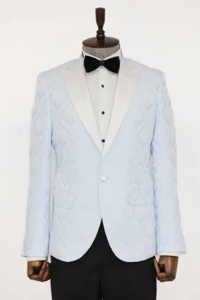 Floral Patterned Peak Lapel Light Blue Men Prom Blazer - Wessi