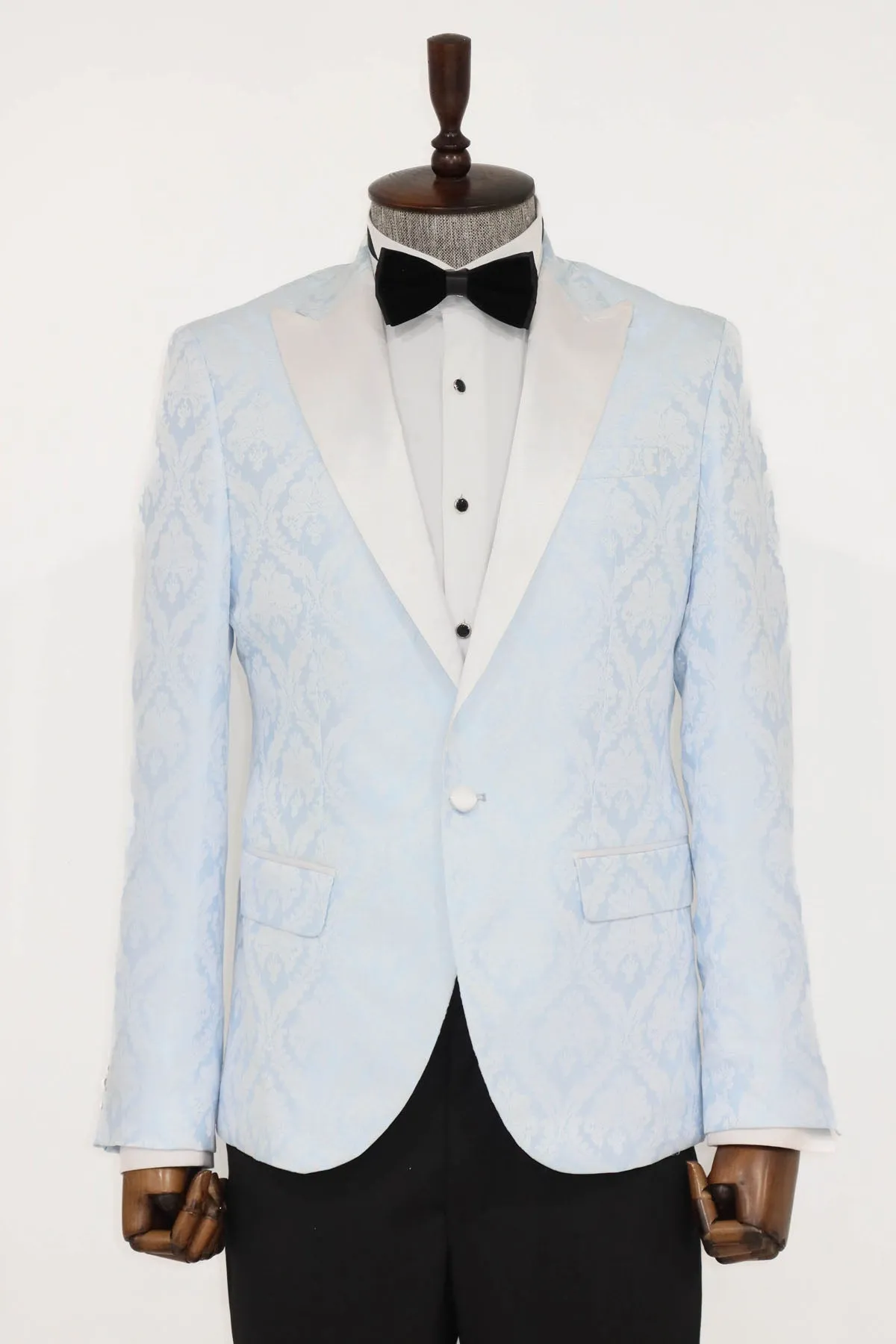 Floral Patterned Peak Lapel Light Blue Men Prom Blazer - Wessi