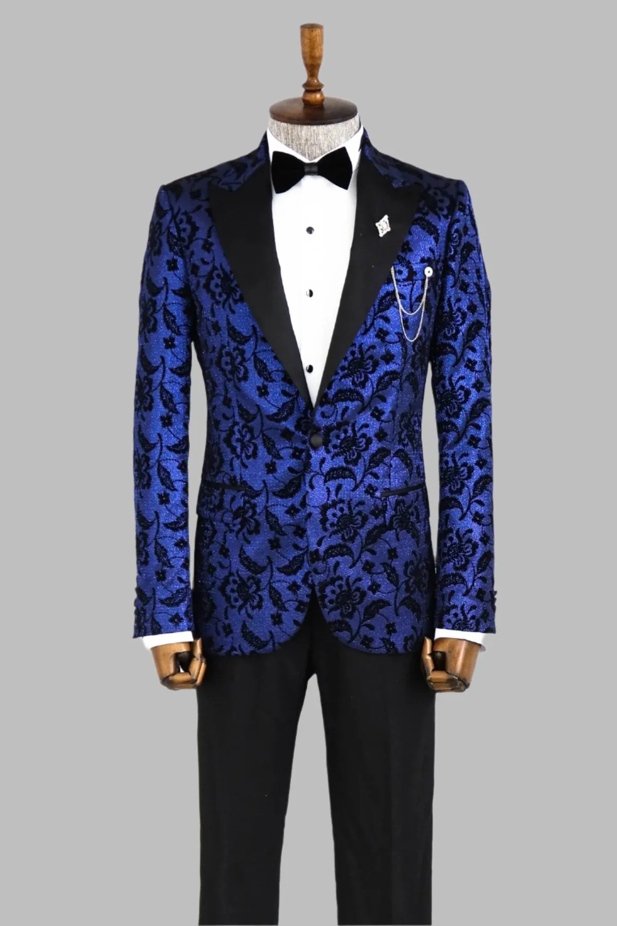 Floral Patterned Peak Lapel Navy Blue Men Stage Singer Jacket - Wessi