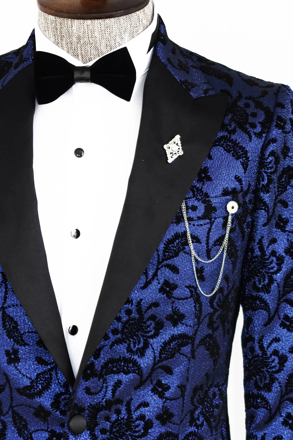 Floral Patterned Peak Lapel Navy Blue Men Stage Singer Jacket - Wessi