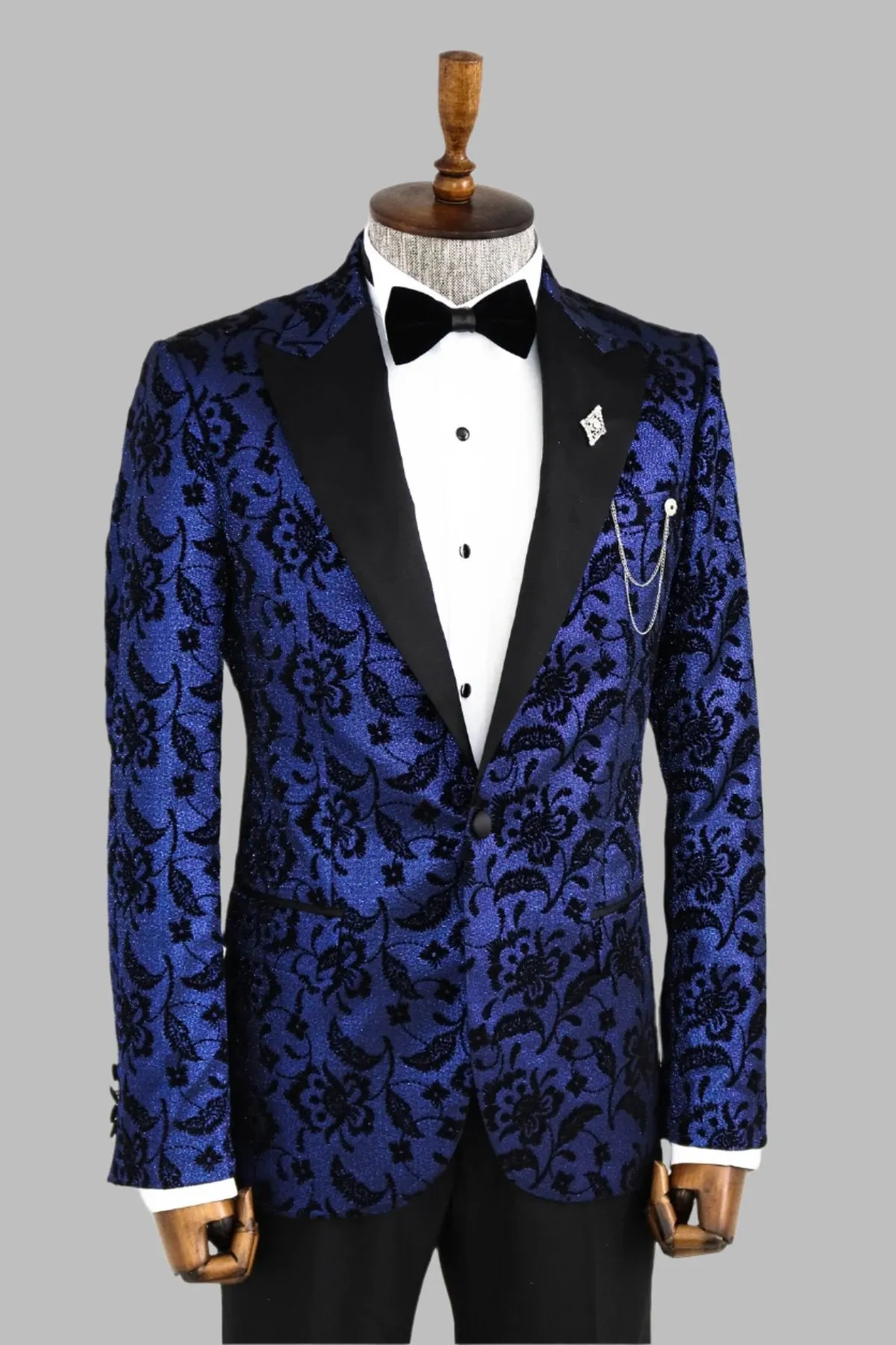 Floral Patterned Peak Lapel Navy Blue Men Stage Singer Jacket - Wessi