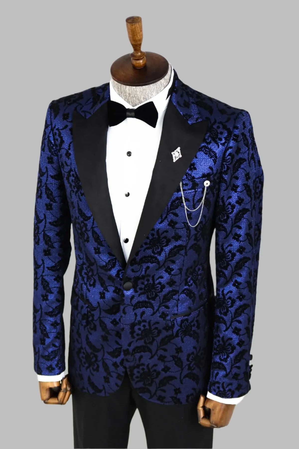 Floral Patterned Peak Lapel Navy Blue Men Stage Singer Jacket - Wessi