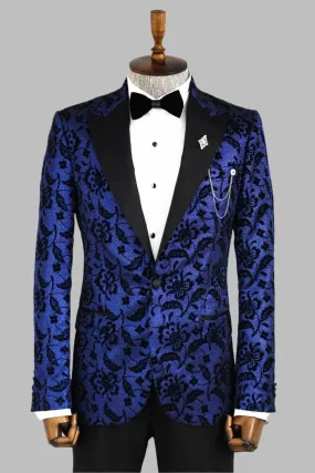 Floral Patterned Peak Lapel Navy Blue Men Stage Singer Jacket - Wessi