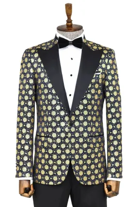 Floral Patterned Peak Lapel  Navy Blue with Gold Embellished Dinner Jacket - Wessi