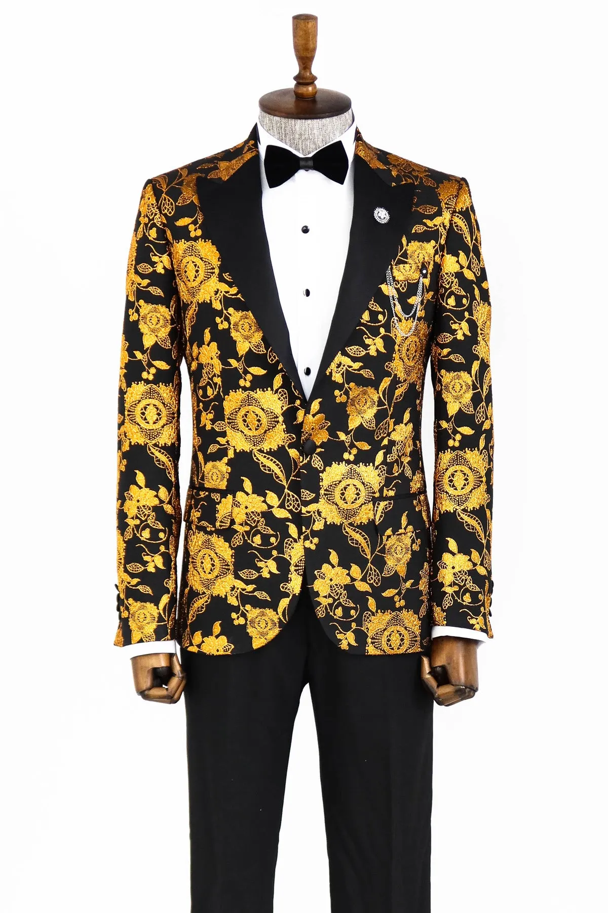 Floral Patterned Slim Fit Yellow Men Party Blazer - Wessi