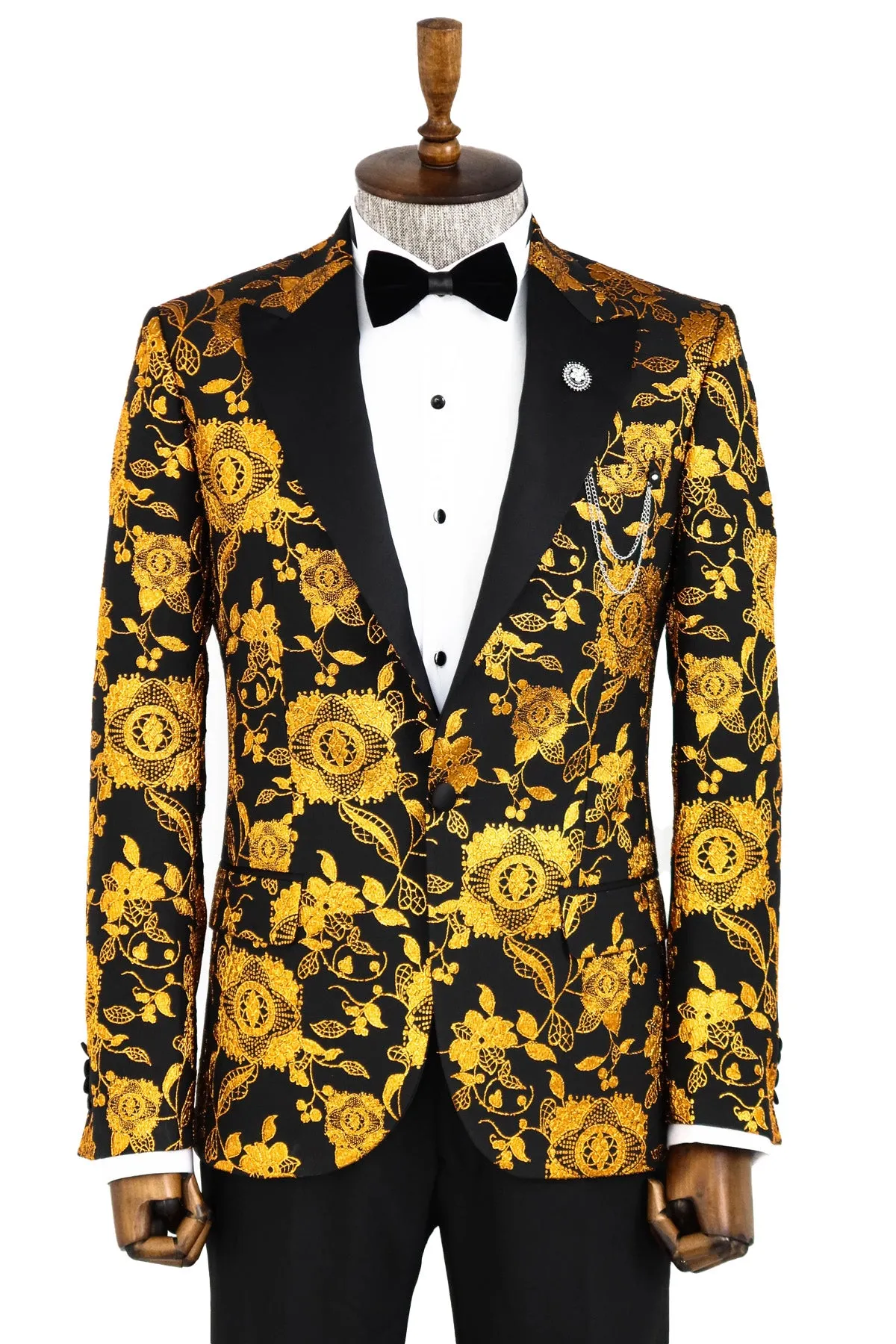 Floral Patterned Slim Fit Yellow Men Party Blazer - Wessi