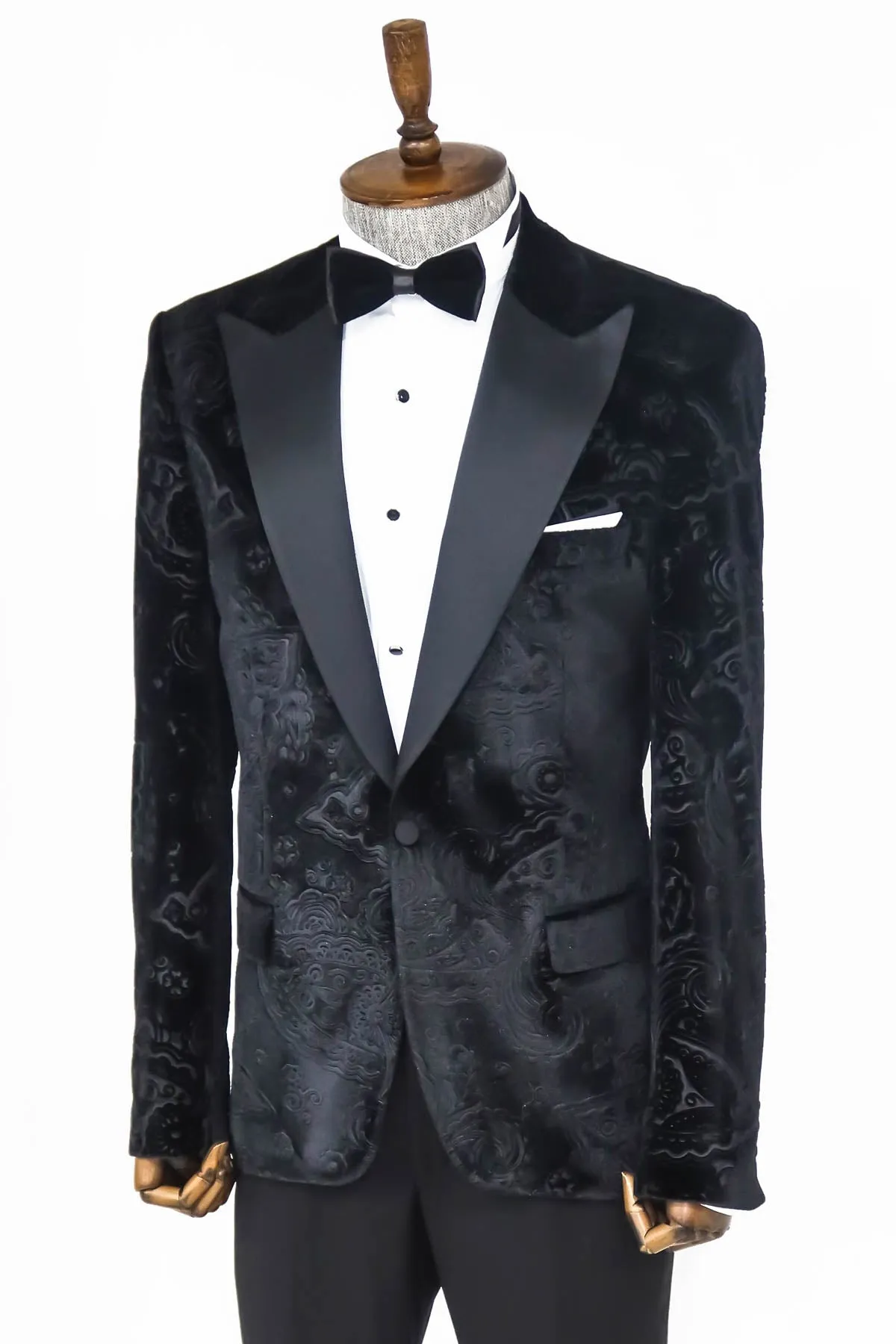 Floral Patterned Velvet Black Men Wedding Tuxedo Blazer - Wessi