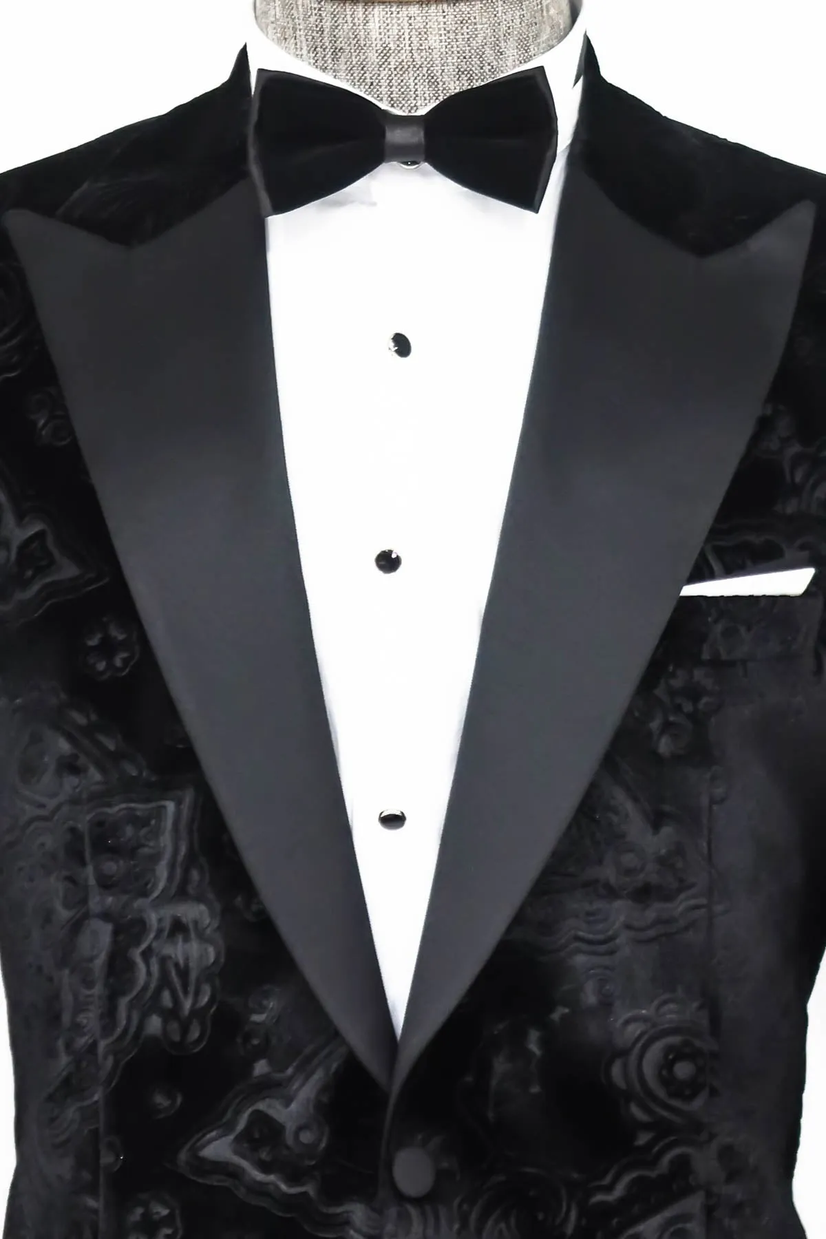 Floral Patterned Velvet Black Men Wedding Tuxedo Blazer - Wessi