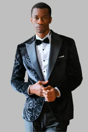 Floral Patterned Velvet Black Men Wedding Tuxedo Blazer - Wessi