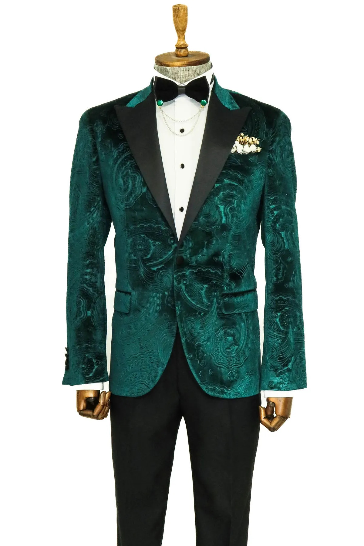 Floral Patterned Velvet Green Men Prom Blazer and Trousers Combination- Wessi