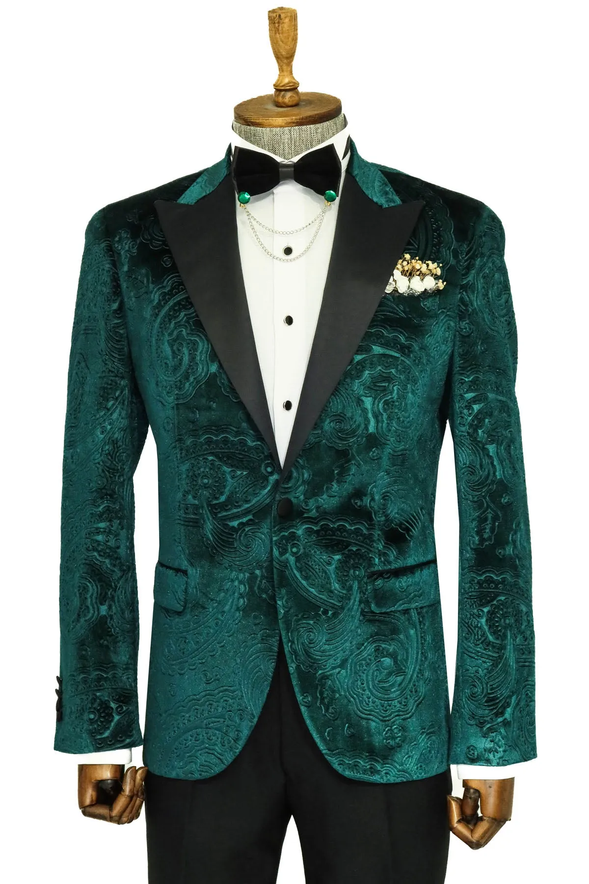 Floral Patterned Velvet Green Men Prom Blazer and Trousers Combination- Wessi