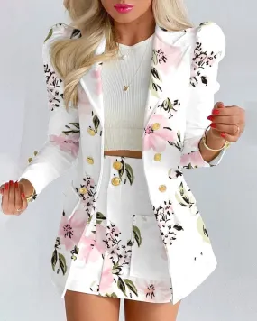 Floral Print Puff Sleeve Double Breasted Blazer Coat & Skirt SET