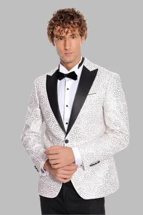 Flower Embroidered Pattern White Men Wedding Tuxedo Jacket - Wessi