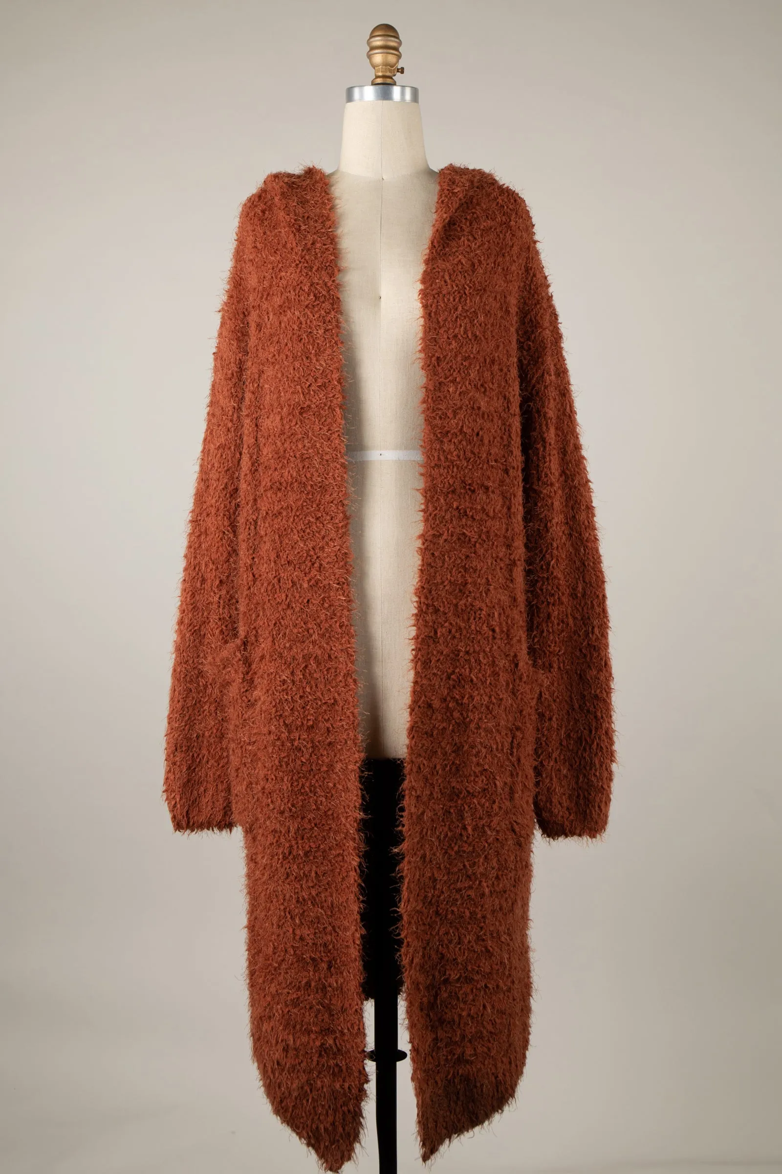 Fuzzy Fluffy Hooded Long Cardigan With Pockets