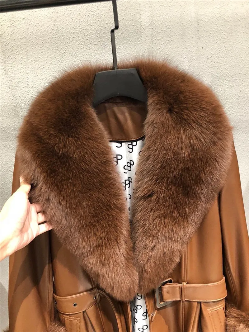 Genuine Fox Fur Collar and Cuffs Long Genuine Leather Jacket