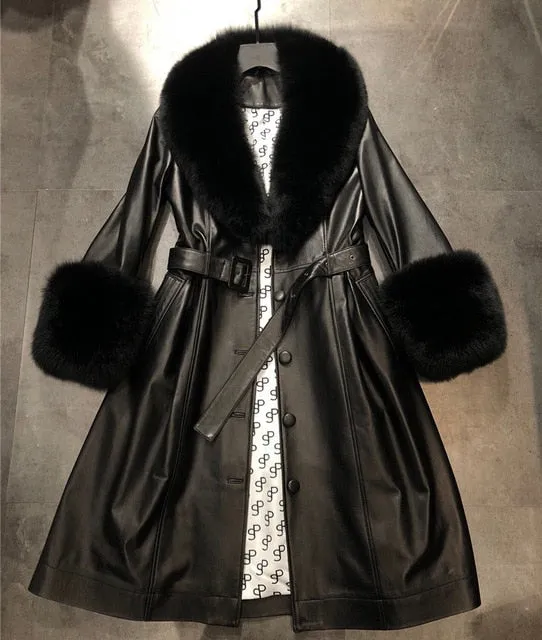 Genuine Fox Fur Collar and Cuffs Long Genuine Leather Jacket