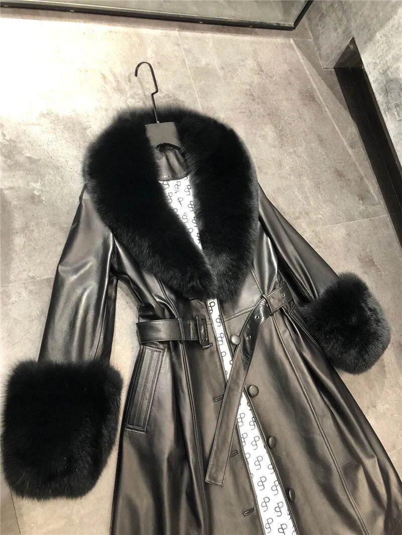 Genuine Fox Fur Collar and Cuffs Long Genuine Leather Jacket