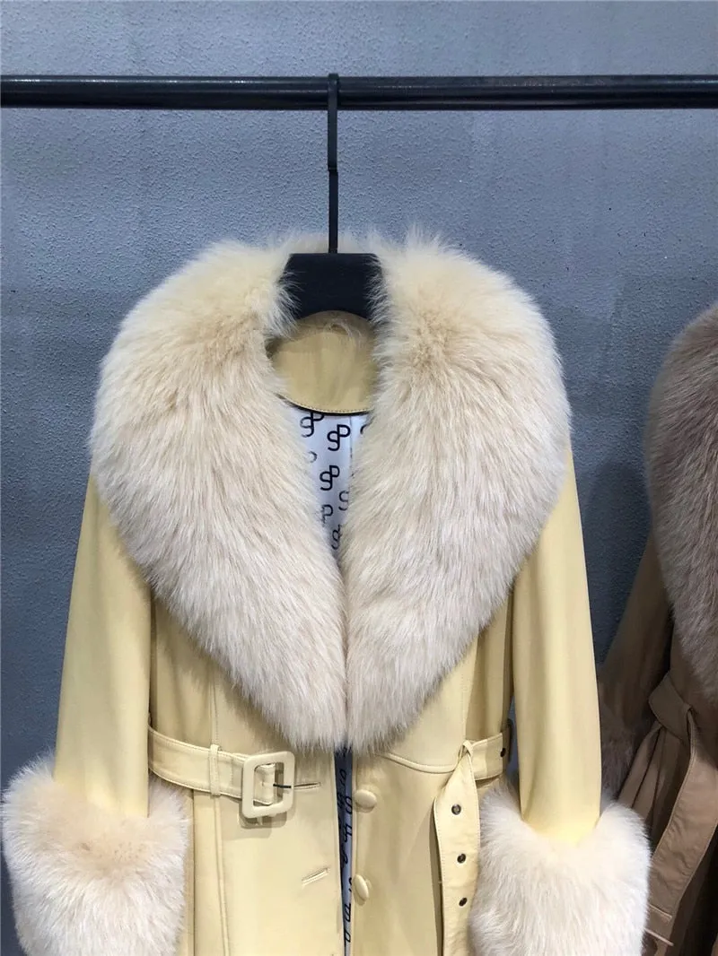 Genuine Fox Fur Collar and Cuffs Long Genuine Leather Jacket