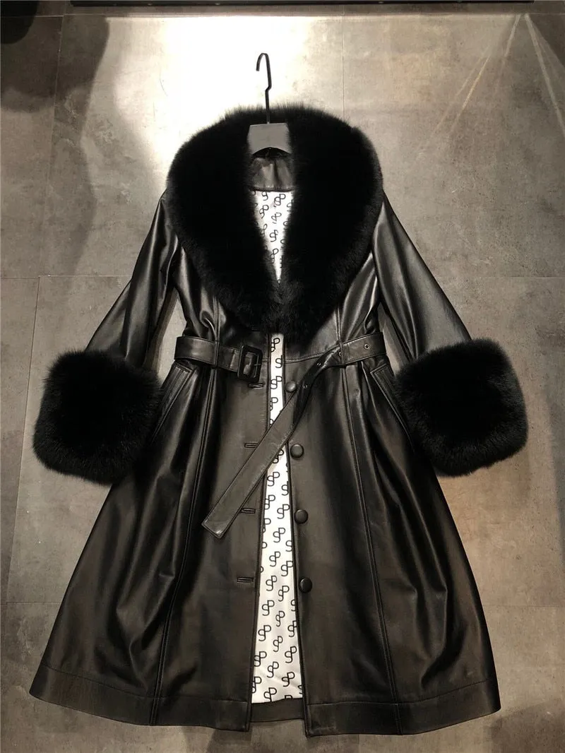 Genuine Fox Fur Collar and Cuffs Long Genuine Leather Jacket