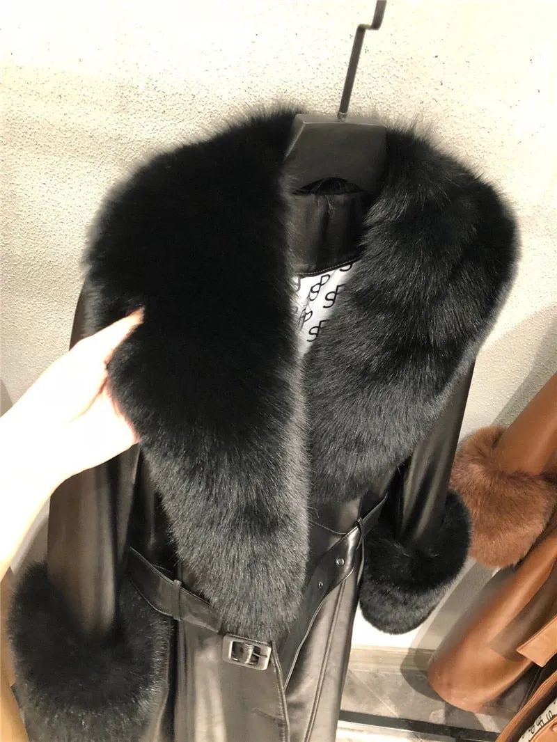 Genuine Fox Fur Collar and Cuffs Long Genuine Leather Jacket