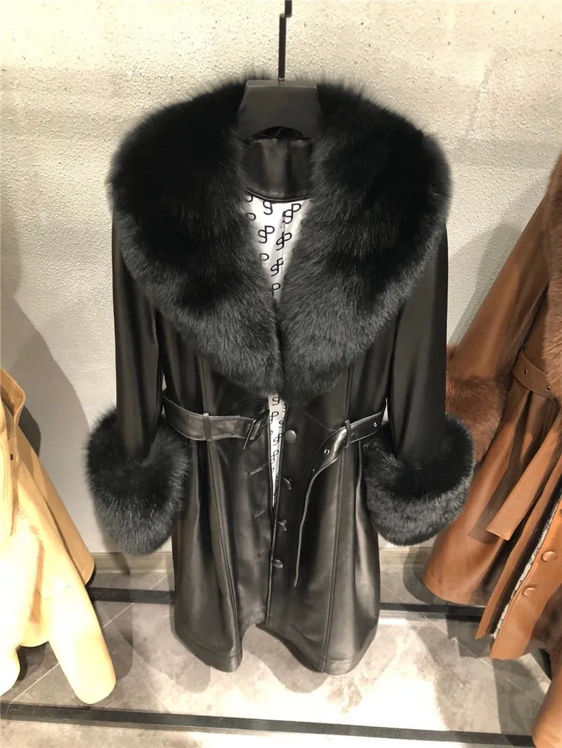 Genuine Fox Fur Collar and Cuffs Long Genuine Leather Jacket