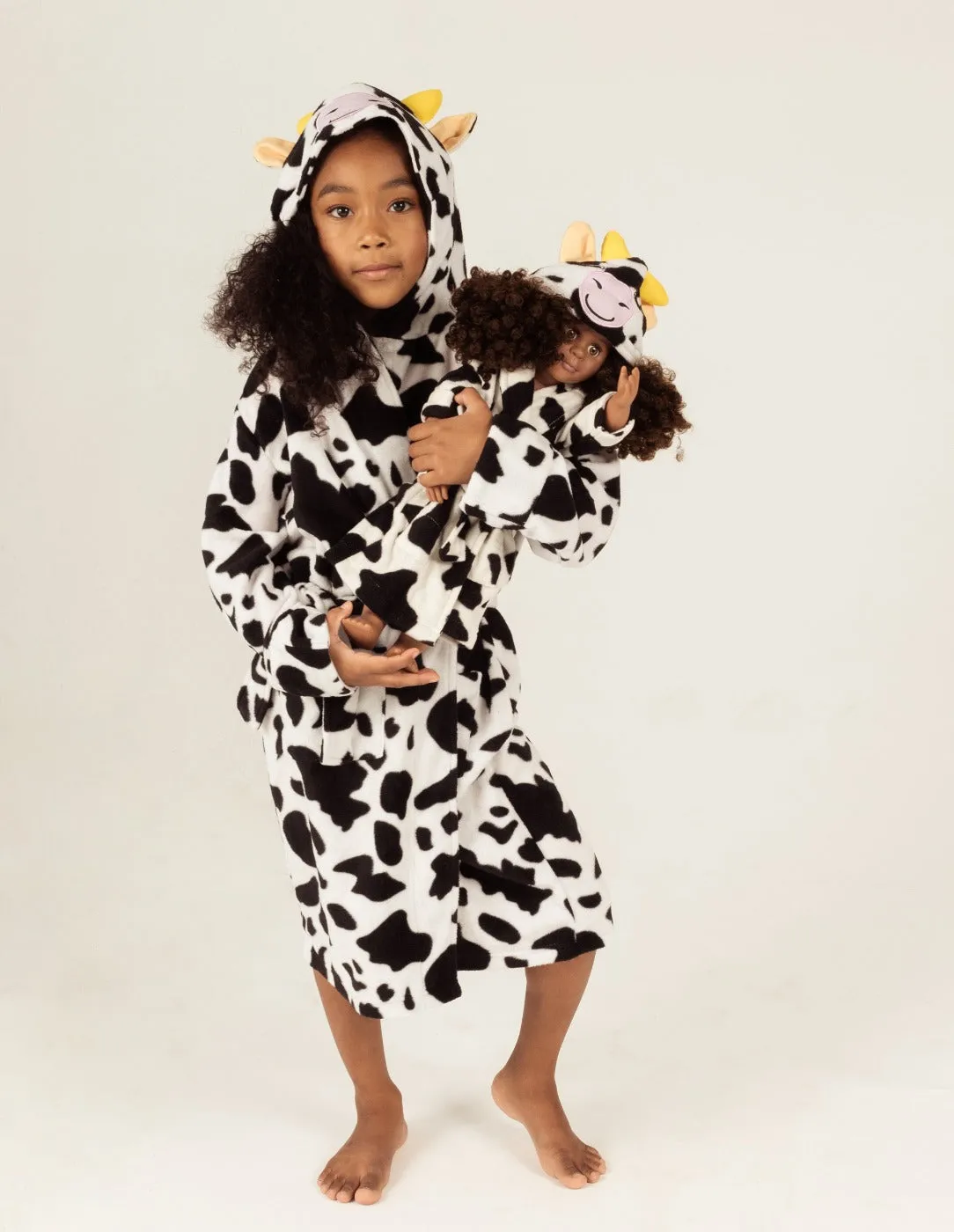 Girl and Doll Fleece Hooded Cow Robe