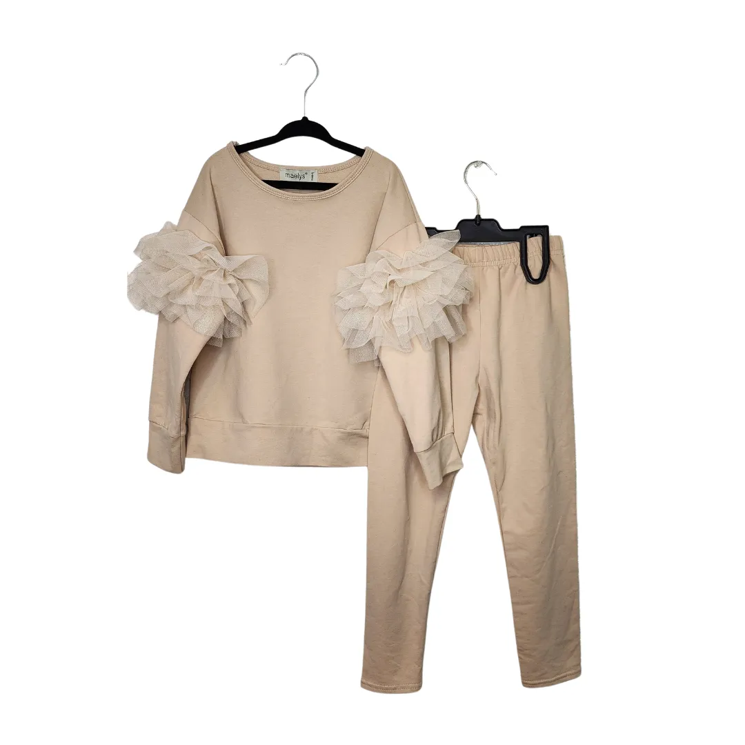 Girls 2pc Khaki Pant Set, Ruffle Sleeve Top