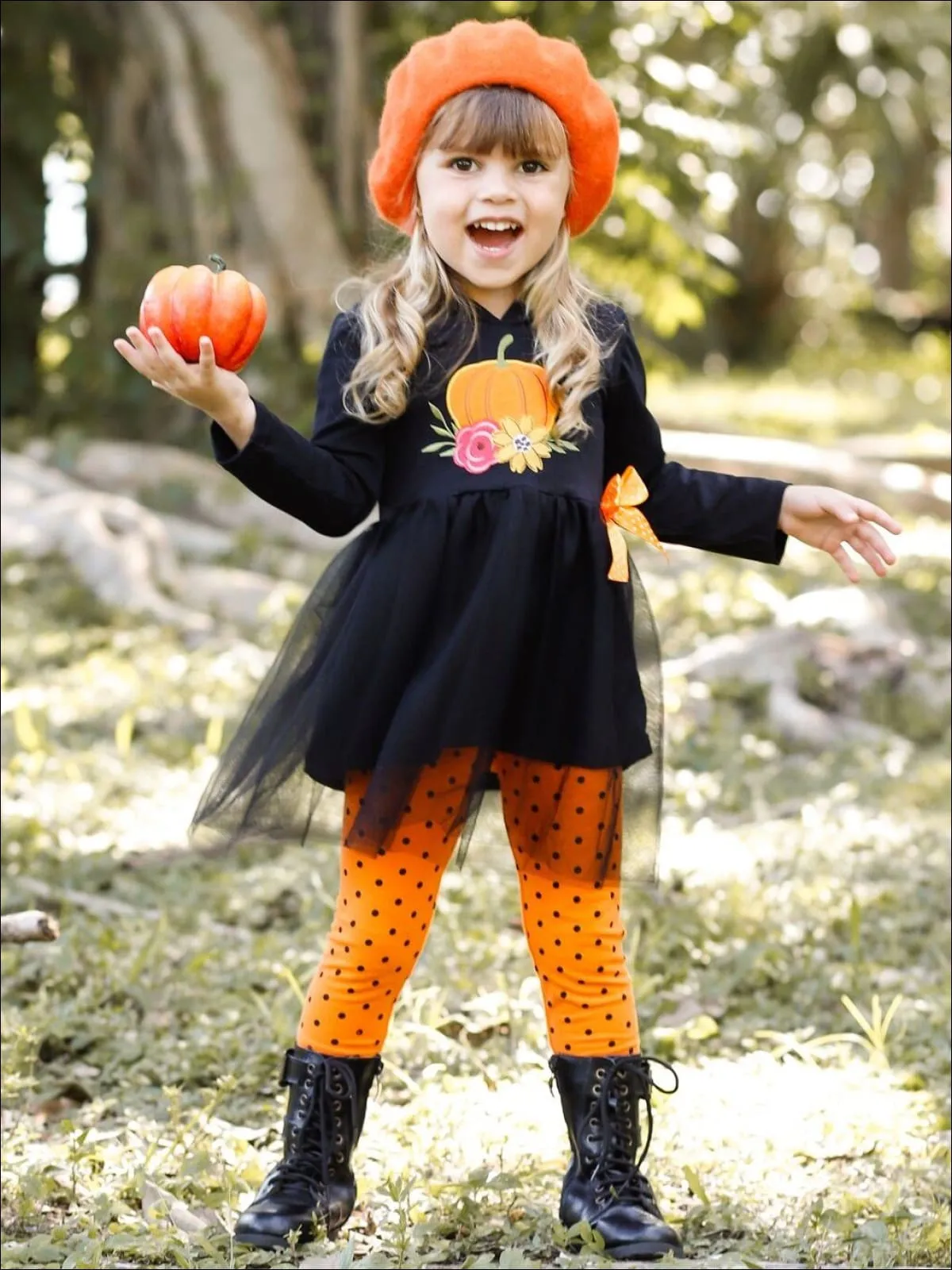 Girls Floral Pumpkin Peplum Tutu Hoodie with Bow And Polka Dot Legging Set