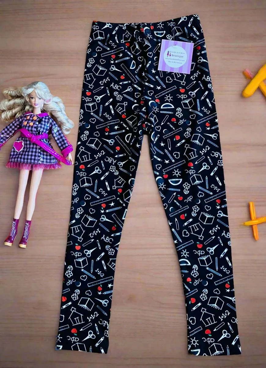 Girls School Printed Leggings, Kids Yoga Pants, Sizes S/L, No-Roll Waist, Black