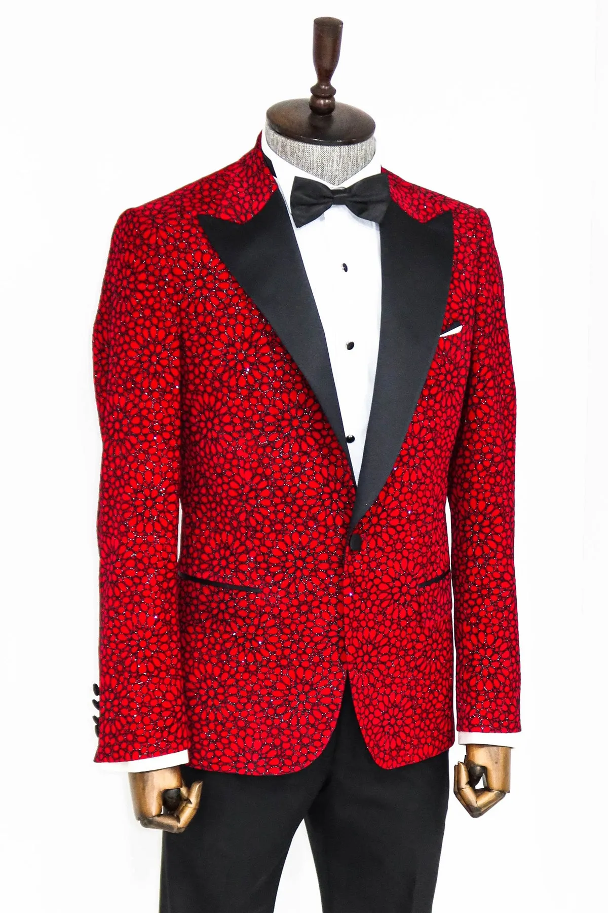 Glitter Floral Patterned Burgundy Men Party Blazer - Wessi