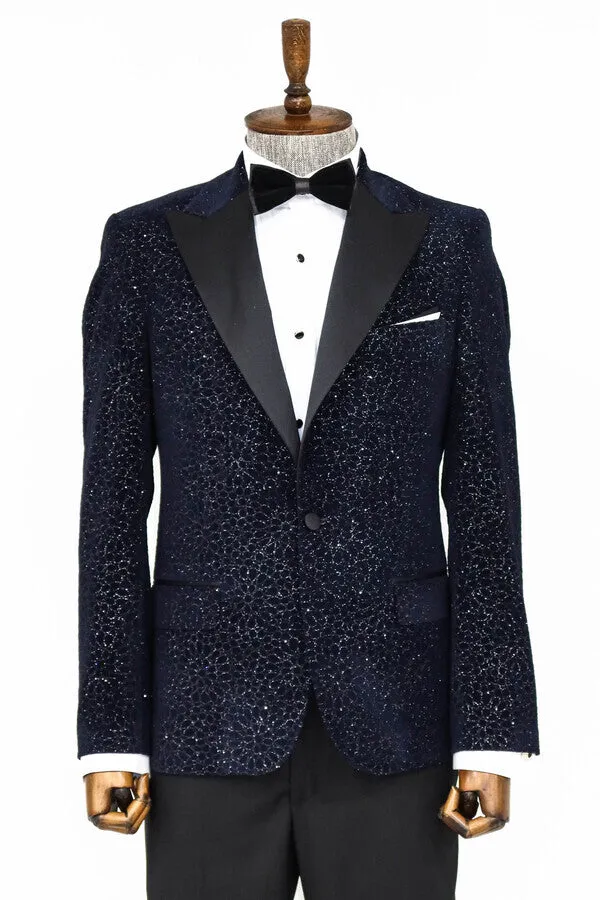 Glitter Floral Patterned Navy Blue Men Wedding Tuxedo Blazer - Wessi