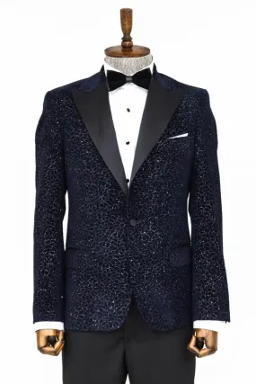 Glitter Floral Patterned Navy Blue Men Wedding Tuxedo Blazer - Wessi