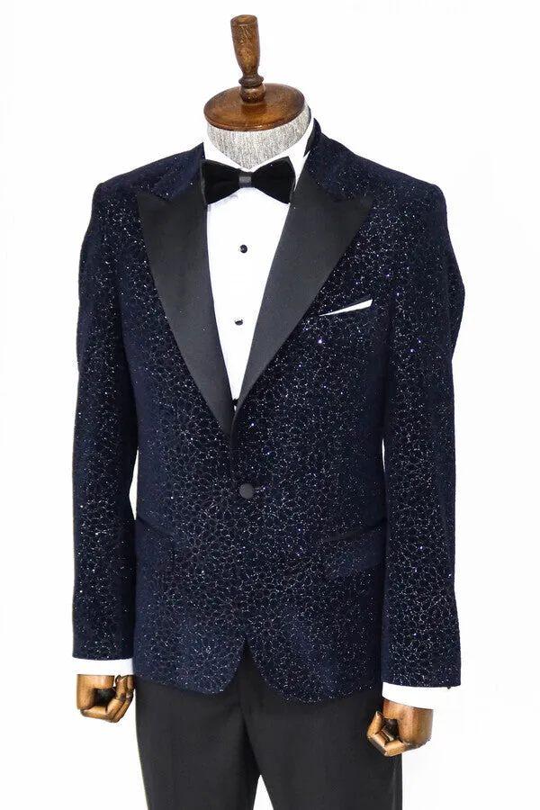 Glitter Floral Patterned Navy Blue Men Wedding Tuxedo Blazer - Wessi