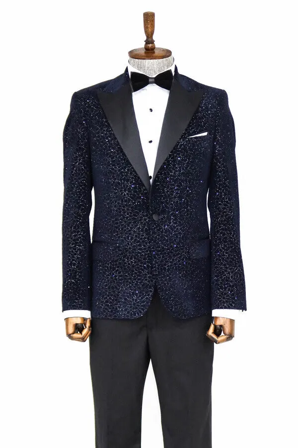 Glitter Floral Patterned Navy Blue Men Wedding Tuxedo Blazer - Wessi